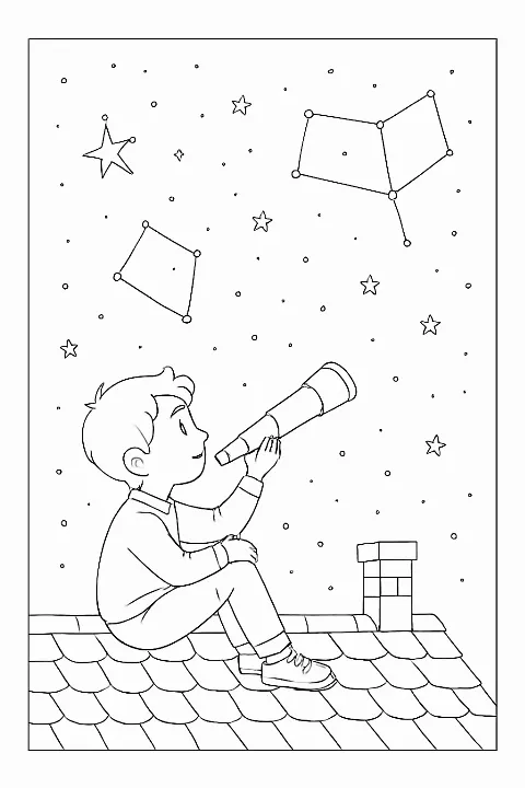 A young boy looking through a telescope at a starry night sky in this detailed boy observing stars coloring page.
