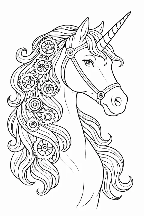 Detailed steampunk unicorn coloring page with mechanical gear patterns and floral accents.