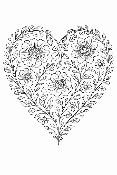 An intricate floral heart valentine coloring page with detailed vines and flowers for advanced artists.