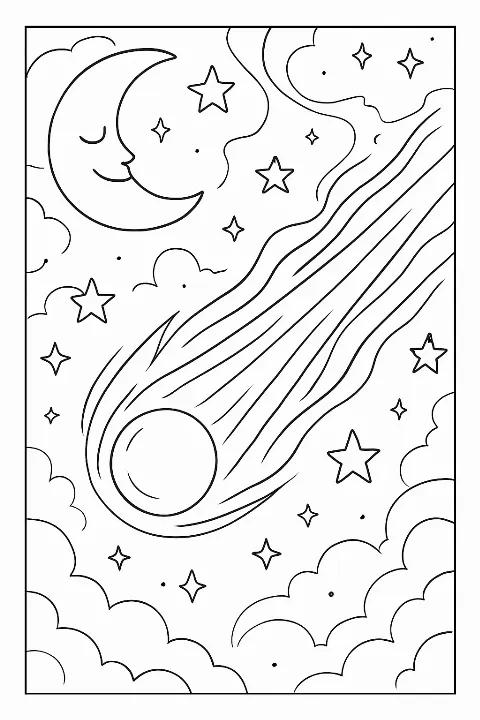 A beautiful comet flying through space on a printable comet coloring page.