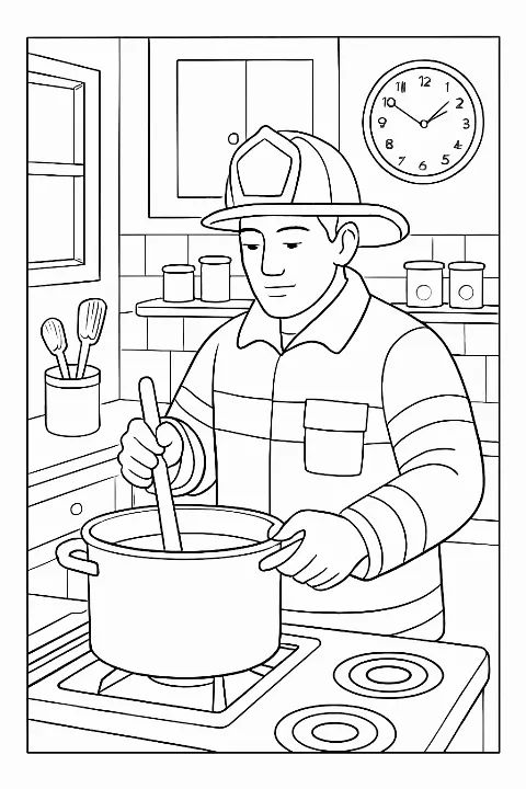 Detailed firefighter kitchen coloring page featuring a cozy meal preparation scene.