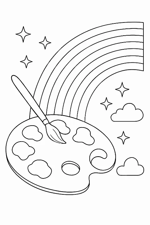 A creative color mixing coloring page featuring an artist palette and a rainbow flowing with blended colors.