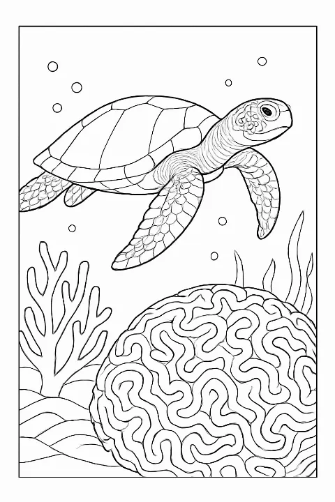 Detailed sea turtle swimming through a vibrant coral landscape in this sea turtle reef coloring page.