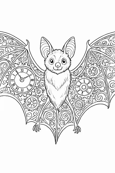 Highly detailed steampunk bat coloring page with intricate gear patterns on wings and body.