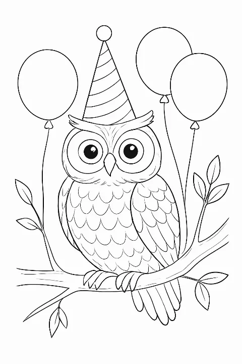 A cute owl wearing a party hat on a birthday owl coloring page.