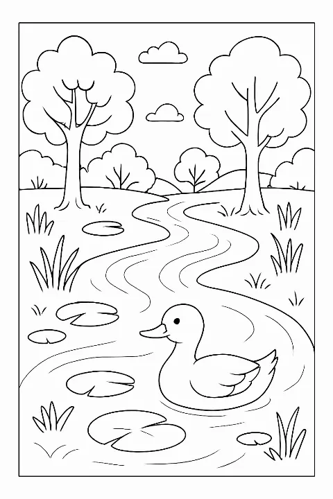 A peaceful river nature coloring page featuring trees and wildlife.
