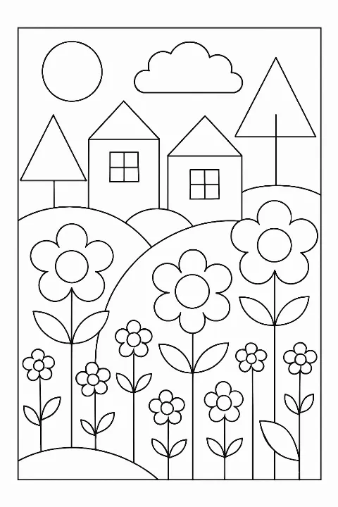 A peaceful garden scene filled with geometric shapes coloring page for educational fun.