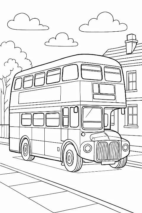 A detailed double decker bus coloring page featuring clean lines and a charming city street scene.