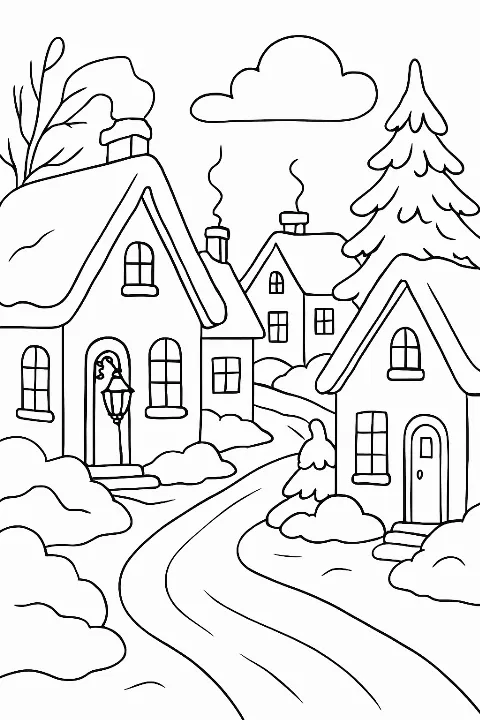 A festive winter village coloring page with charming houses, snowy trees, and clean line art for all ages.