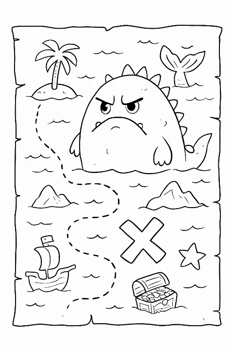A whimsical pirate treasure map coloring page featuring a funny sea monster and hidden loot.