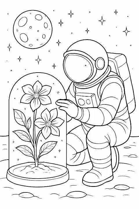 An astronaut gardening in a lunar greenhouse for a lunar botanist moon coloring page.