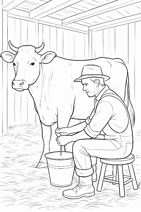 A detailed farmer milking cow coloring page featuring a realistic barn scene.