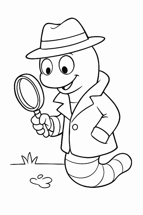 A cute worm detective with a magnifying glass in a garden, featured on a fun worm detective coloring page.