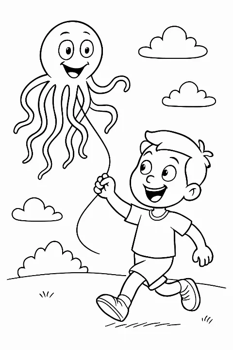 A happy boy flying a silly octopus kite, featured on a boy flying kite coloring page.
