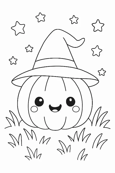 A happy kawaii pumpkin in a witch hat on a cute jack-o-lantern coloring page.