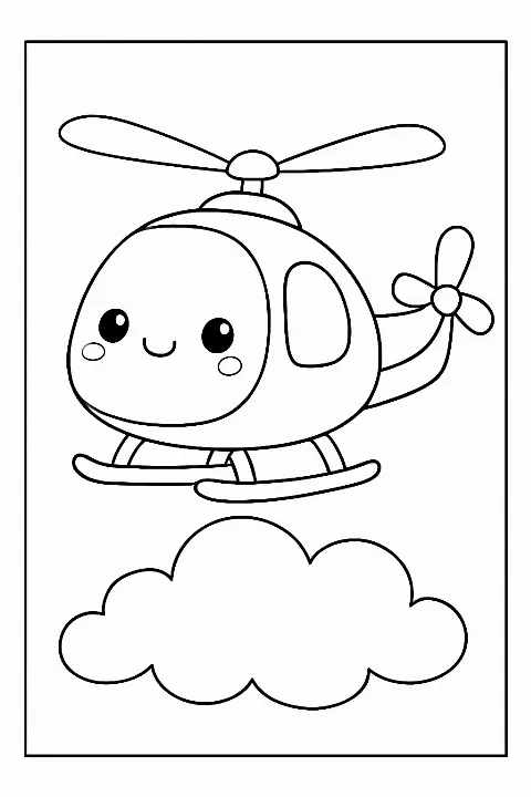 A cute smiling helicopter flying among clouds on a printable helicopter coloring page.
