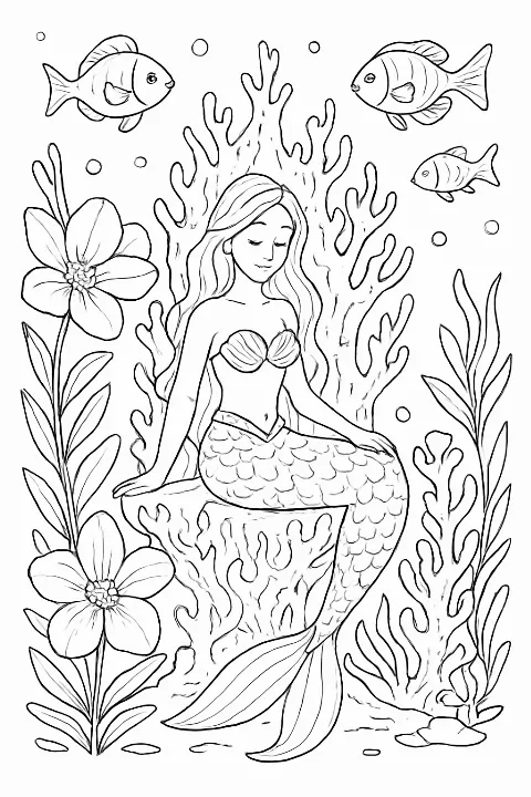 Detailed mermaid ocean garden coloring page featuring a mermaid on a coral throne surrounded by sea flowers.