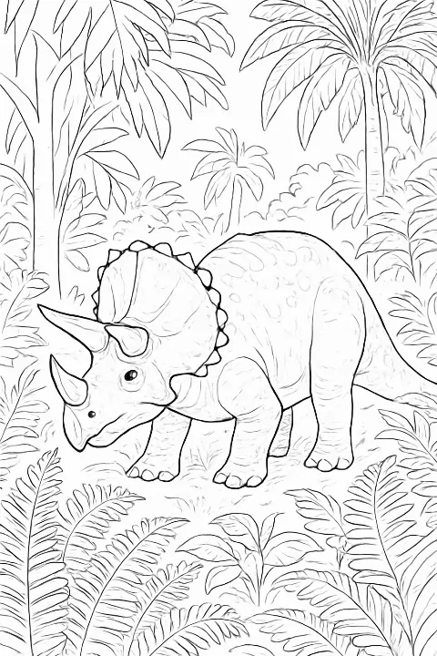 A detailed Triceratops in jungle coloring page featuring lush prehistoric plants and a lifelike dinosaur.