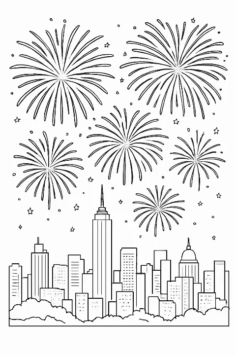 Detailed fourth of july fireworks coloring page with starry night sky and city silhouette.