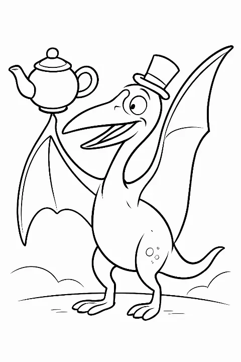 A cute pterodactyl wearing a top hat for this fun pterodactyl coloring page