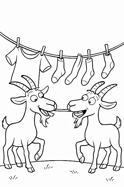 Two cartoon goats pulling socks off a clothesline in this goats eating laundry coloring page.
