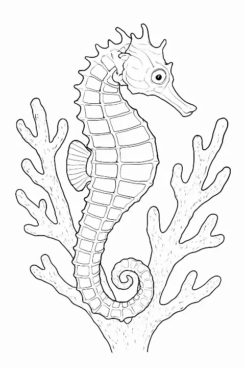 A realistic seahorse holding onto a piece of coral on a seahorse coloring page.