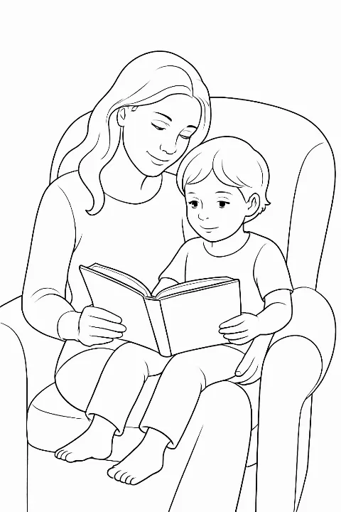A mother reading a book to her child in a cozy chair, mother reading to child coloring page.