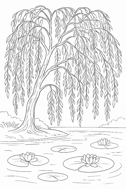A detailed weeping willow tree coloring page by a calm pond with lily pads.
