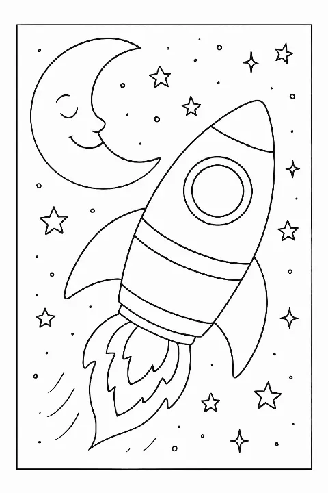 A friendly rocket ship flying past the moon on a fun rocket ship coloring page.