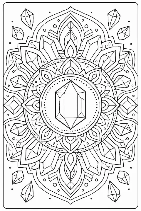 A detailed geometric gemstone mandala coloring page with sharp crystalline shapes and intricate patterns.