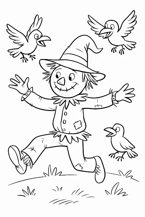 A happy scarecrow playing with crows in this whimsical scarecrow coloring page.