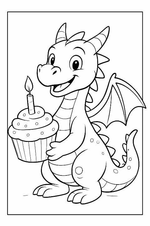 A cute birthday dragon holding a cupcake in this fun birthday dragon coloring page.