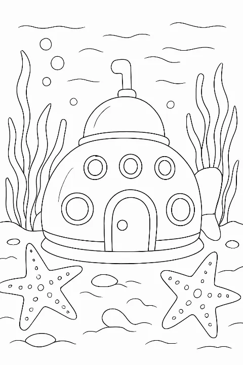 A friendly bubble-shaped submarine in an underwater city coloring page with simple, bold lines.
