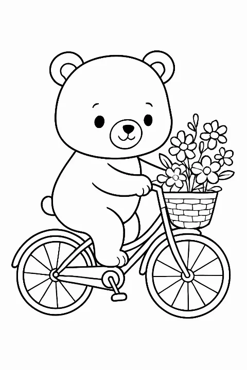A happy bear riding a vintage bike in a cute bicycle coloring page.