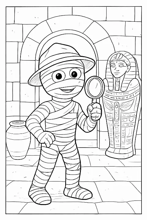 A detailed mummy archaeologist examining an ancient artifact on this fun mummy archaeologist coloring page.