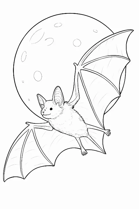 A beautiful bat flying under a full moon coloring page for all ages.