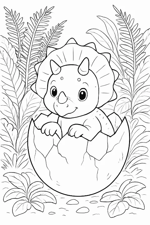 A cute triceratops hatchling in a fern-filled garden on a printable baby dinosaur coloring page.