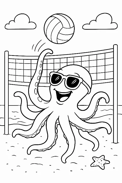 A cute octopus spiking a ball in this fun beach volleyball coloring page.