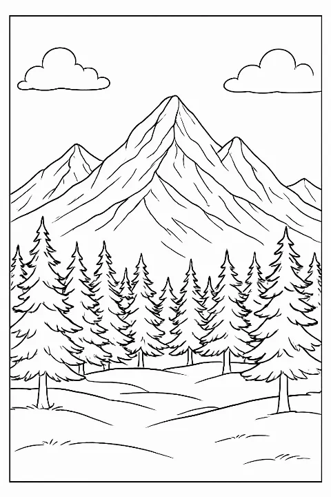 A peaceful landscape showing a majestic mountains coloring page with pine trees and clouds.