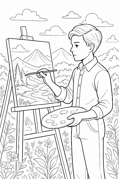 Detailed boy painting landscape coloring page with an easel and mountain scenery.