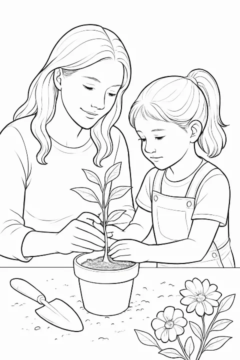 A realistic mother and child planting a flower together in this fun mother and child gardening coloring page.