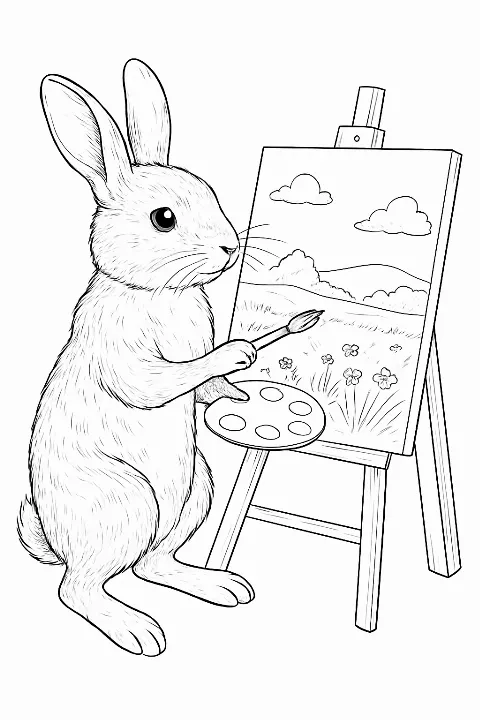 A realistic rabbit painting on an easel in a forest in this detailed rabbit artist coloring page.