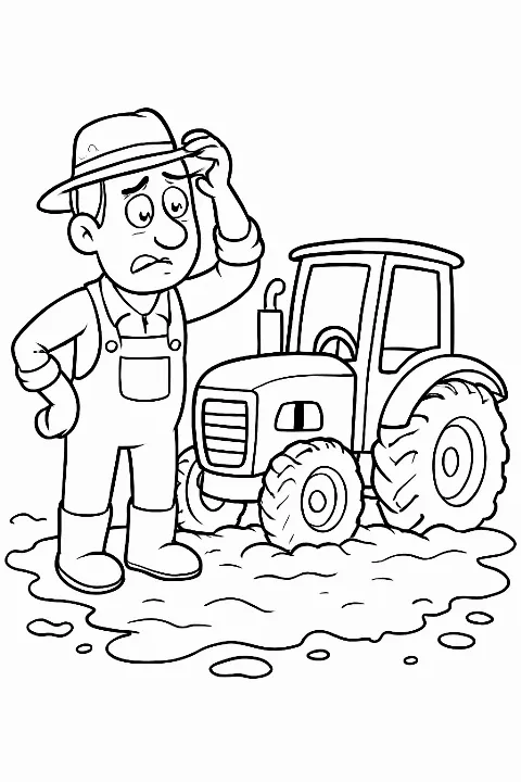 A humorous farmer tractor trouble coloring page featuring a muddy scene and a funny cartoon farmer.