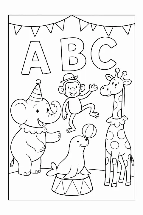 Whimsical circus animals balancing letters in this fun alphabet circus coloring page.