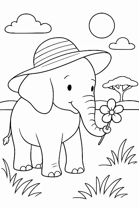 A cheerful elephant wearing a safari hat on an elephant safari coloring page.
