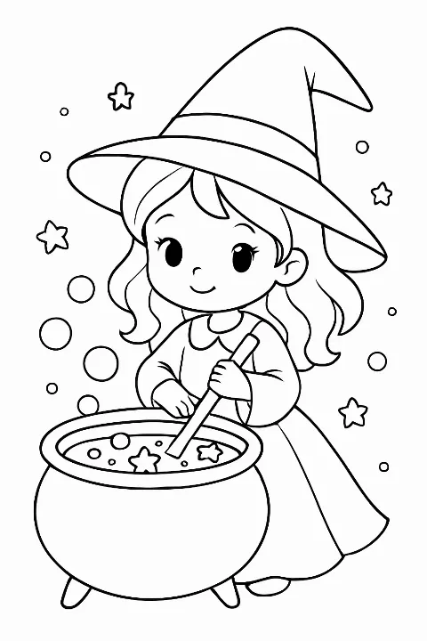 A friendly witch stirring a magical cauldron in this detailed witch coloring page.