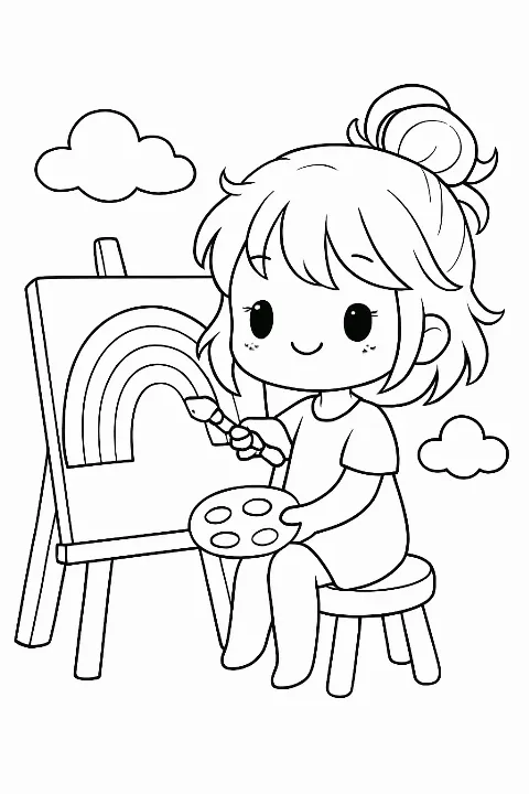 A cute girl painting a beautiful rainbow on a canvas in this detailed coloring page.