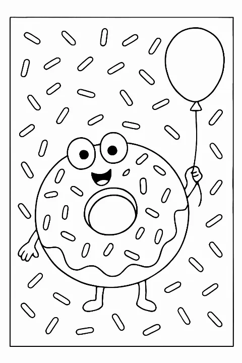 A happy, smiling donut holding a balloon on this fun donut coloring page.