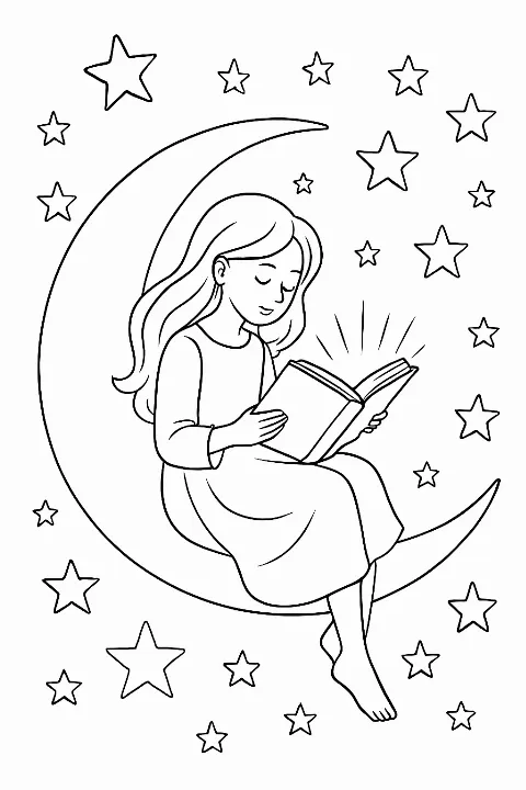 A magical girl reading under stars coloring page featuring a whimsical moon scene.
