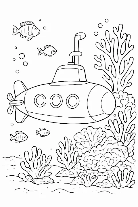 A detailed submarine coral reef coloring page featuring an underwater vessel and vibrant sea life.